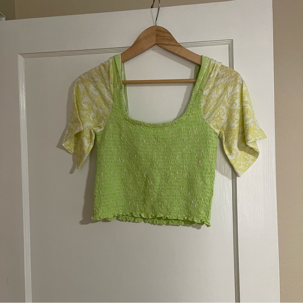NWT Free People Marigold Mix Print Smocked Short Sleeve Top in Key Lime Combo S